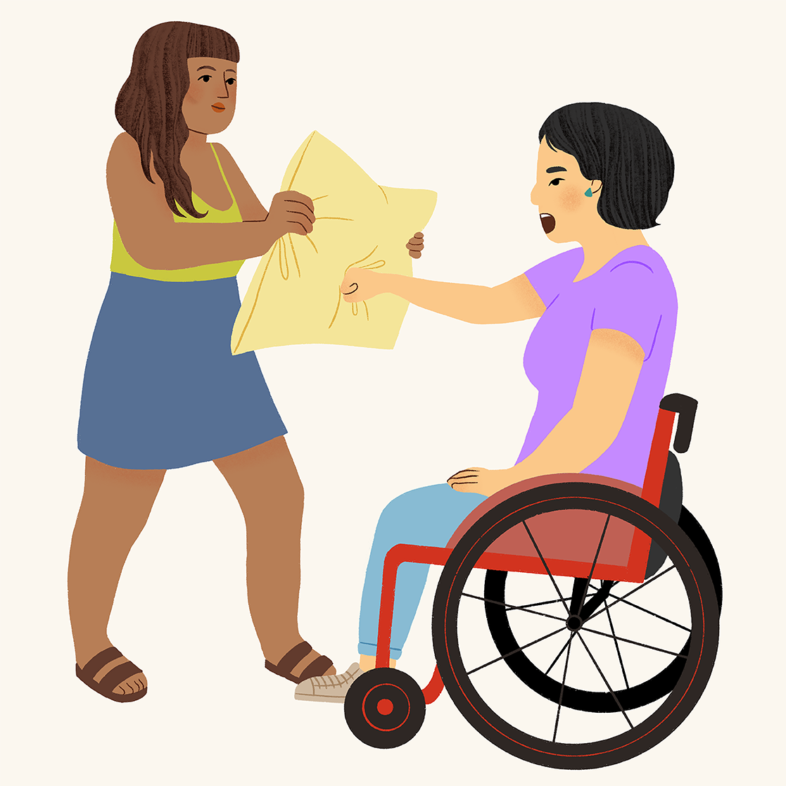 Une femme en fauteuil roulant frappe avec force dans un coussin tenu par une autre femme