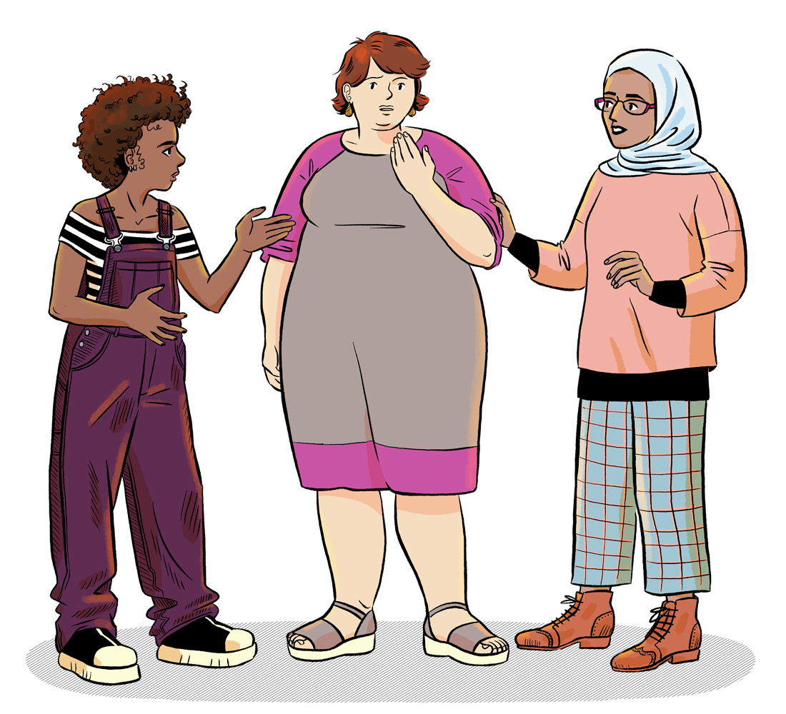 Un groupe de trois femmes parlant entre elles